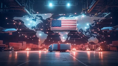 ein LKW fährt unter einer großen US-Flagge