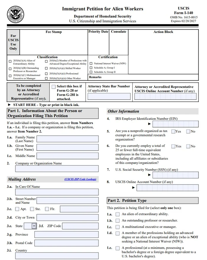 a preview of the I-140 Form