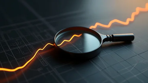 Eine Lupe vergrößert einen roten Faden auf schwarzem Grund