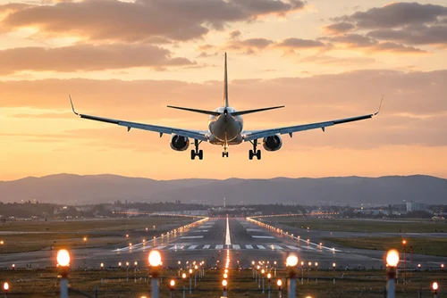 ein Flugzeug landet bei Sonnenuntergang