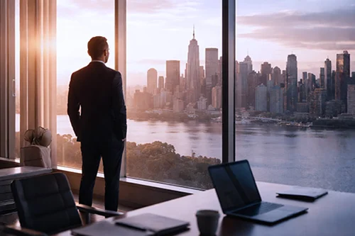 Ein Geschäftsmann steht vor einer US-Skyline